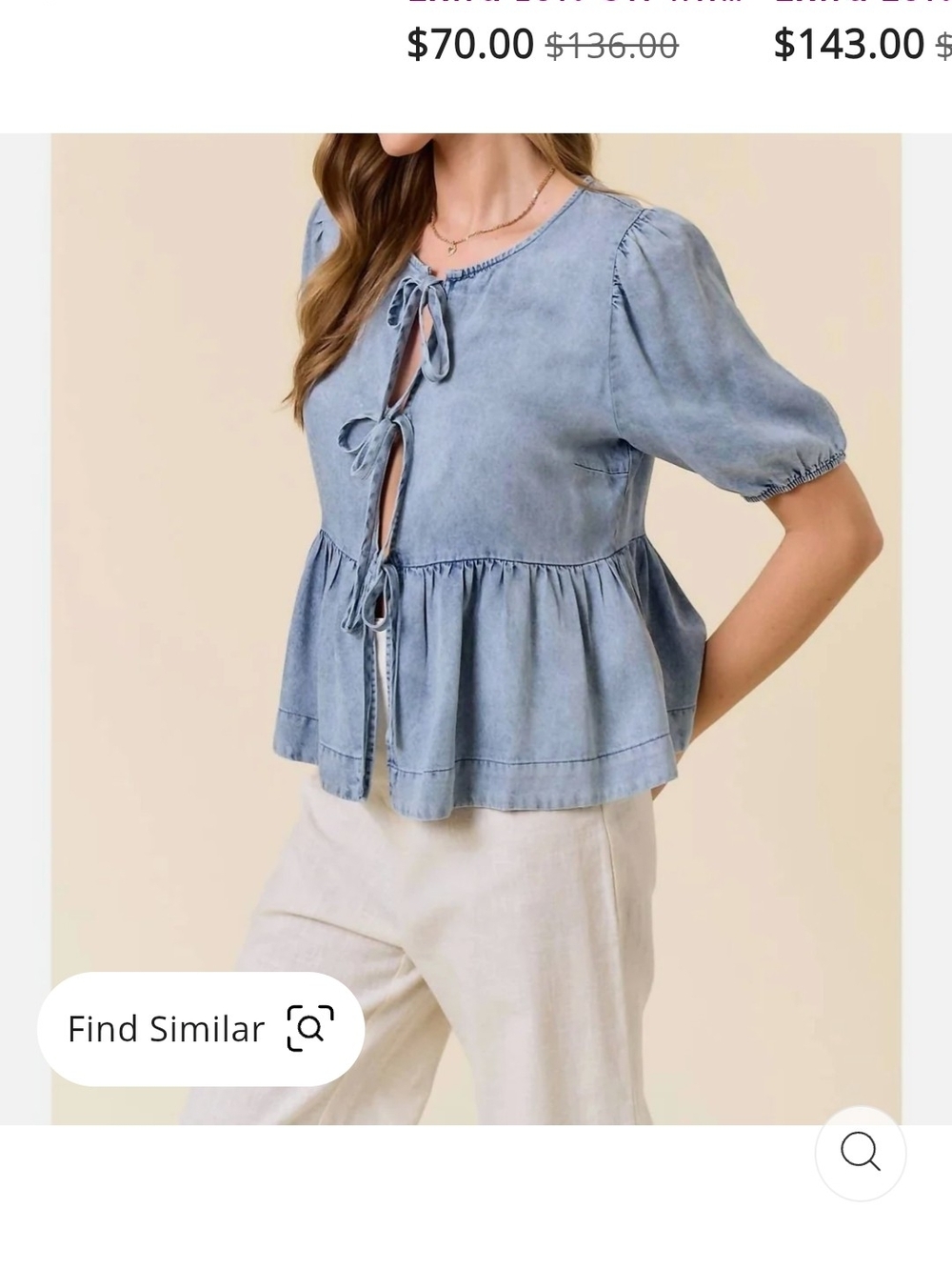 Doe & Rae Light Wash Blue Tie-Front Peplum Blouse